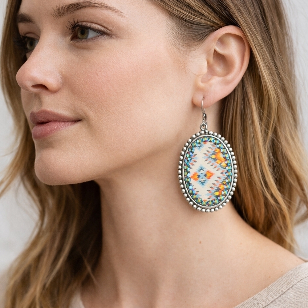 Southwestern Oval Dangle Earrings | Boho Aztec Print | Silver Tone
